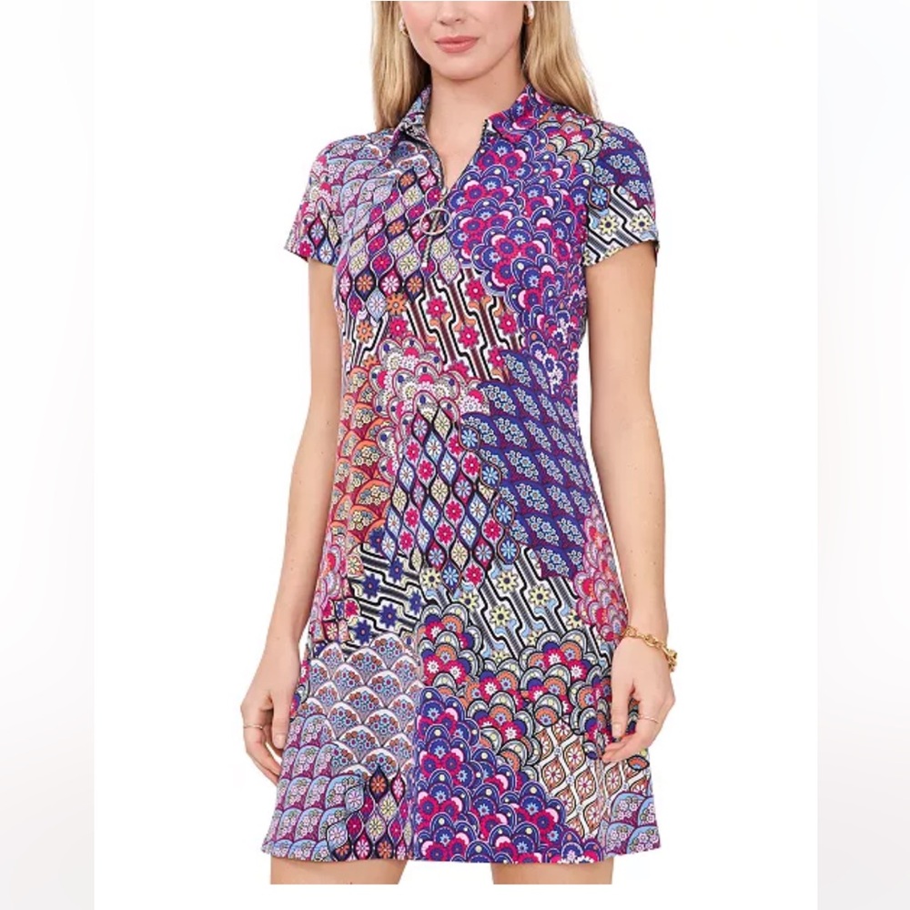 MSK Petite Printed Quarter-Zip Short-Sleeve Shift Dress XLP EUC